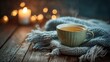 © mila103 - A cup of tea is sitting on a wooden table with a blanket draped over it. The steam from the tea is rising, creating a cozy and warm atmosphere