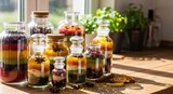 Colorful layered spice jars with herbs and dried citrus in sunlit kitchen