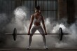 © Maria - a woman doing deadlifts in white spandex, surrounded by clouds of dust from the barbell plates, black and white photography, gym background