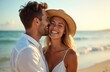 © Viktor - Young loving couple share happy romantic moment at sunny beach. Man gently kisses smiling woman cheek. Laugh together by blue ocean waves. Golden light glows on tropical shore. Wears straw hat, white