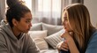 © Running opossum - two women having serious conversation in cozy living room setting with soft lighting