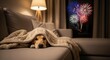 © Running opossum - dog hiding under blanket on couch during colorful fireworks in living room at night