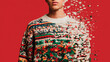 © Jess rodriguez - A man in a Christmas sweater disintegrates in mid-air, a concept representing social issues during the holiday season