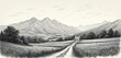 © Viktor - Rural landscape in engraving style. Small farmhouse sits among rolling fields, rich trees. Dirt road leads to house, with vast mountains in background. This vintage scene shows peaceful country life.