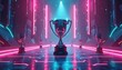 © Viktor - Illustration presents a gaming tournament. Center stage is a shiny trophy. Neon lights and glowing details create futuristic tech environment. Award and championship concept design.