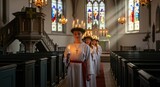 Young maidens celebrating Saint Lucia Day in a sacred church, walking reverently with lit candles and evergreen wreaths, honoring the Christian patron.