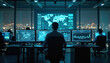 © Viktor - Man in dark room watches multiple screens displaying global map, data charts. Works in network operations center overseeing complex systems. Technicians monitor traffic, troubleshoot issues in real