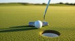 © photoplotnikov - Golf ball and putter near hole on sunny golf course