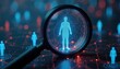 © Viktor - Magnifying glass focuses on digital humanoid figure within network. Tech examines human profiles, tracks data. Visualizes information, system, security, privacy. Concept for modern intelligence,
