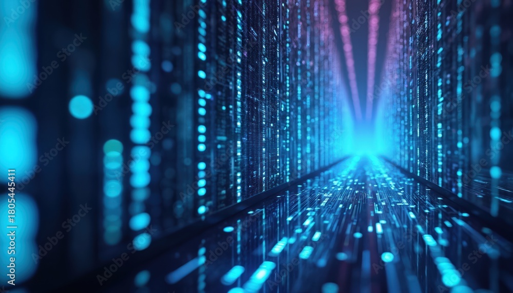 Abstract tech illustration shows a tunnel created with binary code data ...