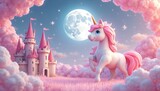 Cute unicorn in pink fairy tale landscape. Cartoon castle towers against moon. Fantasy creature in wonderland scenery with clouds. Sweet pony with horn in dreamy fairytale world. Perfect for kids