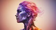© tri - A side-profile of a woman morphs into colorful wisps of smoke-like energy. The background gradients from peach to purple