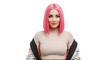 © Tgad - Portrait of a woman with pink hair wearing a jacket and smiling softly transparent background