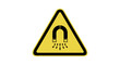© Muginandaru - Prominent yellow triangular warning sign featuring a black horseshoe magnet with radiating lines, clearly indicating a strong magnetic field hazard and the importance of safety