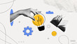 © accogliente - Trendy Halftone Collage Hand holds lightbulb. Creative mind or brainstorm. Study and education. Floating book. Bright mind. Knowledge concept. Contemporary vector illustration art