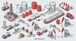 © Toro166 - Isometric illustration showcasing a collection of oil industry elements, including storage tanks, a drilling rig, a tanker ship, pipelines, and pump jacks.