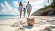 © btiger - ceramic piggy bank resting on sunlit sandy beach with a smiling family of three holding hands walking toward turquoise ocean beneath blue sky and palm trees, evoking warmth and hopeful relaxation