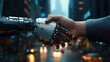 © Margarita - Human hand in a suit shaking a sleek metallic robotic hand on a rainy neon-lit city street at night, conveying partnership, trust and a futuristic collaboration