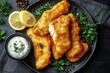 © Margarita - Crispy golden breaded fish fillets on a black plate with creamy herb dipping sauce, lemon slices, fresh parsley and scattered peppercorns, appetizing comfort seafood