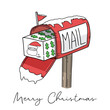 © ahmadjaa - Vector illustration of a red old classic mailbox with some snow and a gift box with santa claus symbol and christmas tree packaging wrapped design.