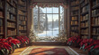 © THUA - Cozy library interior with elegant wooden bookshelves, festive poinsettia plants, and large window showing snowy winter landscape with decorated Christmas trees