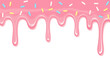 © Skyframe - Glossy pink strawberry icing drips down with colorful sprinkles in this sweet cartoon vector border design on a white background