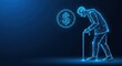 © Eman Suardi - Elderly man with cane looking at dollar coin symbolizing retirement finance