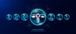 © Adisak - Science medical banner dark blue. Female uterus organ hologram in transparent spherical dome along with the icons of a doctor plus sign and syringe. Vector EPS10.
