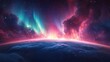 © ali - Colorful cosmic horizon over a planet with glowing atmosphere, teal aurora and pink nebula clouds under a starlit sky evoking awe and serene wonder