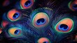 © zhuan - Close-up of iridescent peacock feathers with vibrant eye spots, intricate filaments and radiant blue, green and gold tones evoking a mesmerizing elegant mood