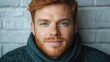© zhuan - redheaded person in chunky gray knit turtleneck posing against a white brick wall, cozy and contemplative mood