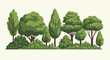 © Nitu - A diverse row of green trees and bushes in a simplified, flat design illustration with a light background.