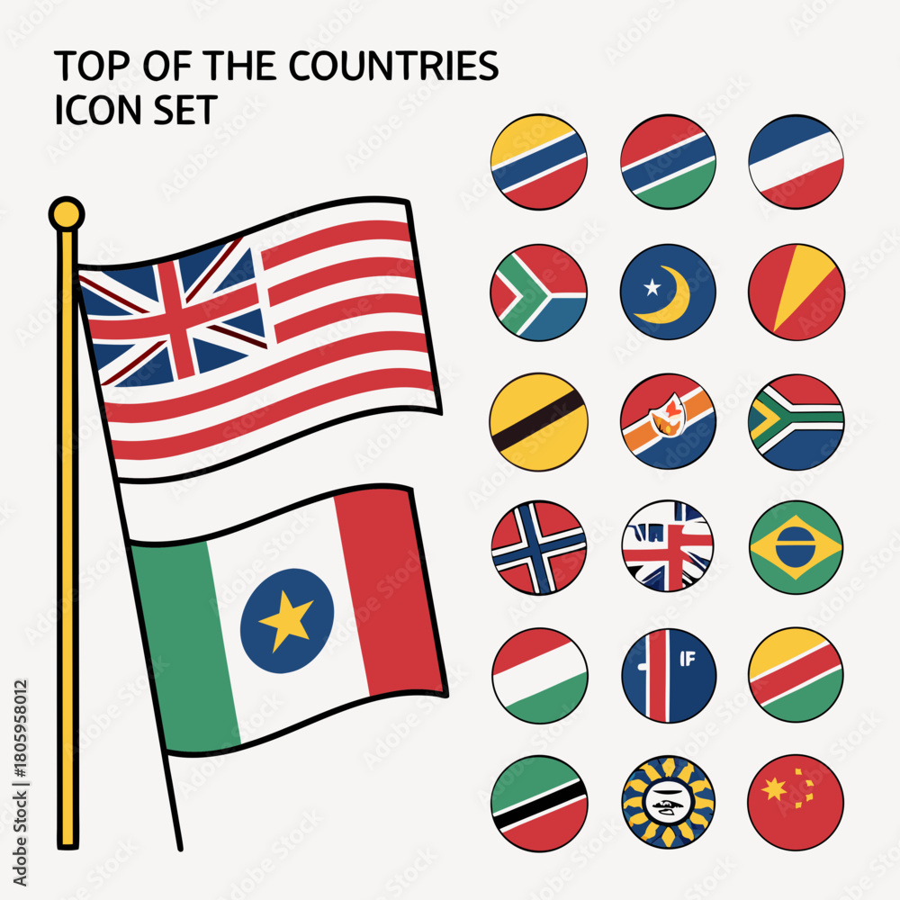 A vibrant collection of country flag icons, featuring both full flags ...