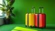 © video - Two colorful wheeled suitcases in yellow and red on a bright green floor against a green wall by a sunlit window with a potted leafy plant, evoking travel excitement and readiness