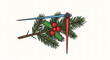 © 16 - A whimsical illustration of a needle piercing through a sprig of holly, isolated on, creating a unique and festive christmas or holiday themed design