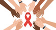 © Awaludin - Diverse Hands Unite Around Red Ribbon Symbolizing AIDS Awareness and Support.