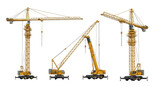 Three towering yellow construction tower cranes with distinct boom angles isolated on transparent background