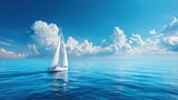 A sailboat glides smoothly across serene blue waters, surrounded by vibrant skies and fluffy white clouds. The sun is shining, creating a peaceful atmosphere perfect for sailing.