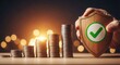 © MINTU - Hand holding a wooden shield with a green checkmark, symbolizing protection over stacked coins representing financial growth