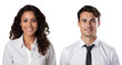 © The Stock Guy - Two diverse, smiling young professionals, a woman and a man, in white shirts, perfect for corporate or teamwork themes