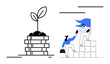 © robu_s - Plant growing on stacked coins paired with team climbing puzzles holding a flag highlights teamwork, growth, leadership, innovation, investment, collaboration, and vision. Bold, simple flat metaphor