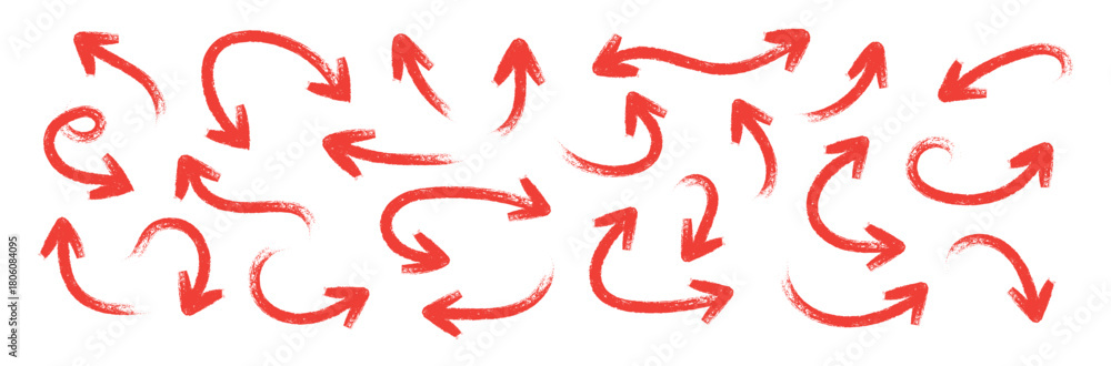 Various red brush drawn curved arrows. Collection doodle marker thick ...