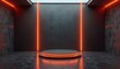 © Maryna - Minimalistic 3D rendering interior with a round podium set against black walls. Neon orange lights illuminate the studio. The photo has a modern sci-fi feel.