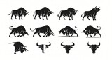 Collection of black bull and ox silhouettes in various dynamic poses and head profiles