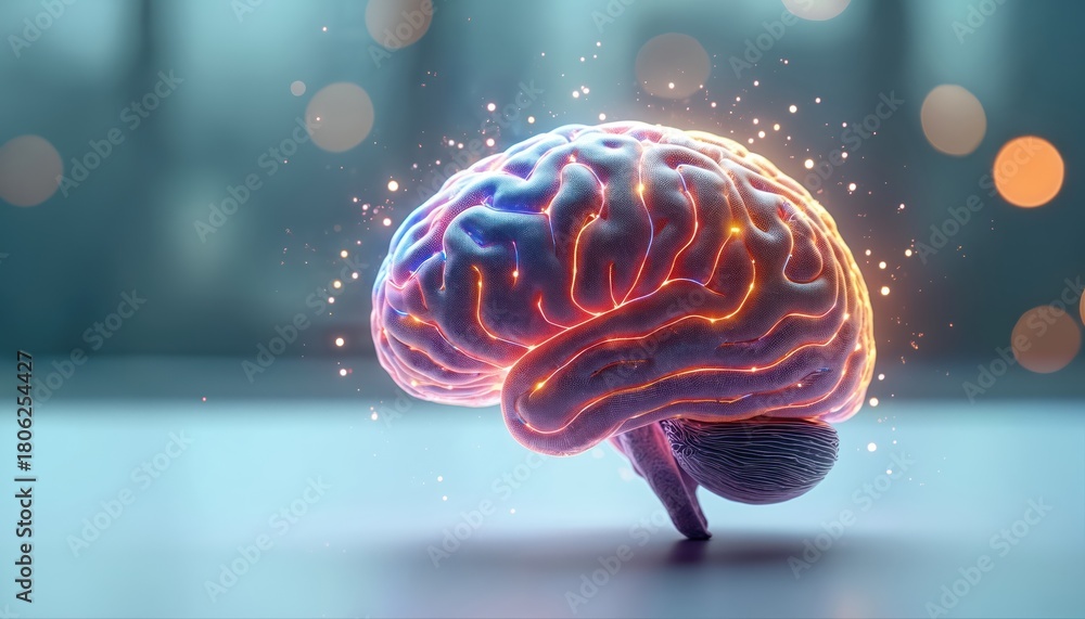 Human brain model shows glowing neural pathways. This visualizes ...