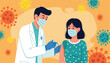 © MstRashida - Doctor wearing a mask and lab coat administers a vaccine injection to a patient also wearing a mask surrounded by stylized virus illustrations on an orange background
