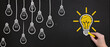 © MOHAMED - Succeed in finding solution after try and failure. Businessman drawing lightbulbs on chalkboard