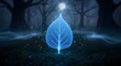 © Sahriar - Bioluminescent blue glowing leaf rising from the forest ground with mist and sparkling particles. Futuristic nature, energy, and life force. Illuminated botanical in a dark, mysterious woodland at nig