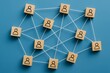 © diproduction - Wooden blocks connected by white strings forming a social network structure on blue background, symbolizing teamwork, communication, and collaboration concept. Ai generative