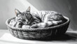 © @foxfotoco - Sleeping cat curled up in a woven basket